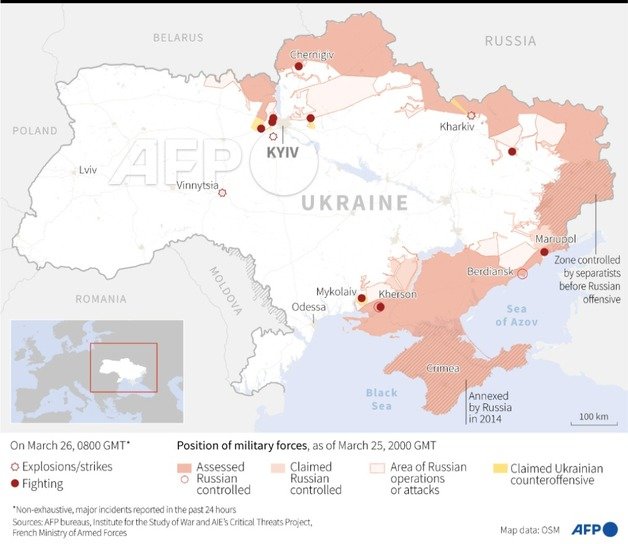 26일 기준 우크라이나 전쟁 상황. © 뉴스1 (AFP 제공)