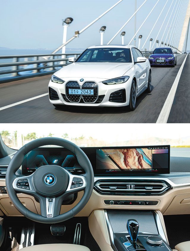 BMW i4의 외관은 쿠페 디자인 특유의 부드러운 곡선과 슬림한 헤드라이트 등이 특징이다. 실내는 대시보드 상단에 12.3인치 인스트루먼트 클러스터와 14.9인치 디스플레이를 장착해 주행에 몰입할 수 있게 돕는다. BMW 제공