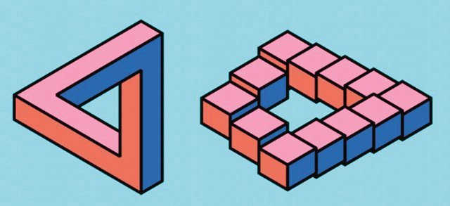 영국 수학자 로저 펜로즈가 생각해낸 ‘펜로즈 삼각형’(왼쪽)과 이를 변형한 ‘펜로즈 계단’. 겉으로 보기엔 3차원의 세계를 2차원에 그린 것으로 보이지만 실제 3차원에서 존재할 수 없는 도형이다.