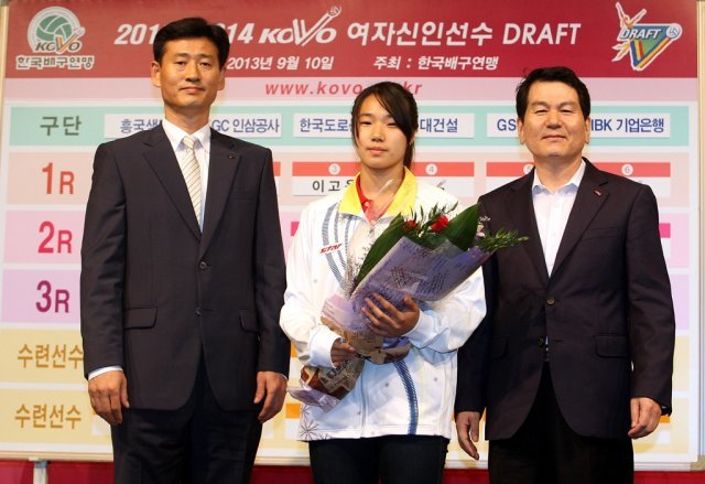 2013~2014 신인 드래프트 당시 이고은(가운데). 한국배구연맹(KOVO) 제공