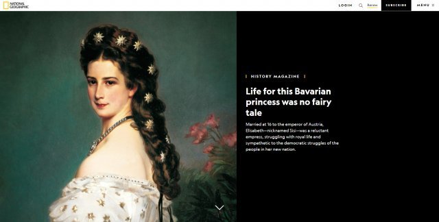 19세기 오스트리아 제국 황후 엘리자베스. 내셔널지오그래픽은 오스트리아의 엘리자베스 여왕을 ‘이 바이에른 공주의 삶은 동화가 아니었다’라고 소개하고 있다. 내셔널지오그래픽 홈페이지 캡처