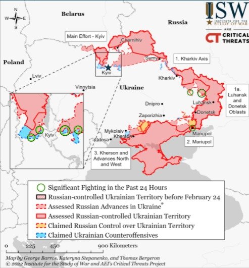 전쟁 시작 후 러시아가 점령한 지역들을 표시한 지도. 붉은색 영역이 실제 러시아군이 점령한 지역이다. 반면 마리우폴의 경우 아직 러시아군이 우크라이나군의 반격으로 인해 아직 점령하지 못했다.(미국 전쟁 연구소 홈페이지 갈무리)© 뉴스1