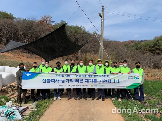 조재철 농협경제지주 축산기획본부장(사진 앞줄 왼쪽에서 다섯 번째)과 임직원들이 6일 강원 동해시 괴란마을 산불피해 농가에서 일손돕기 후 기념촬영을 하고 있다. 농협 제공