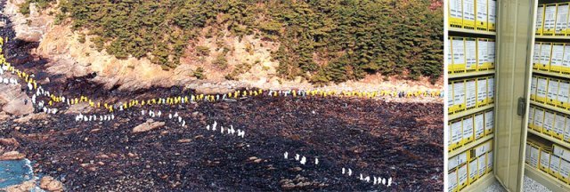 2007년 12월 충남 태안군 구름포해수욕장 인근 갯바위에서 전국에서 몰려온 자원봉사자들이 길게 줄을 만들어 해안가의 기름띠를 제거하고 있다(왼쪽 사진). 태안기름유출사고 피해 극복과 관련된 자료는 총 20만9556건에 달한다. 충남도 제공