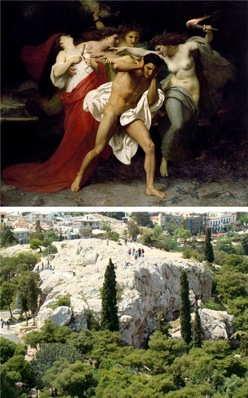 프랑스 화가 윌리암아돌프 부게로의 ‘분노의 여신들에게 쫓기는 오레스테스’(1862년). 어머니를 살해한 후 ‘분노의 여신’들에게 
쫓긴 오레스테스는 아테네로 와서 재판을 받는다. 아테네 아크로폴리스 서북쪽에 있는 ‘아레스의 언덕’(아래 사진). 여기에서 
오레스테스의 재판이 열렸다고 전해진다. 사진 출처 위키미디어·위키피디아