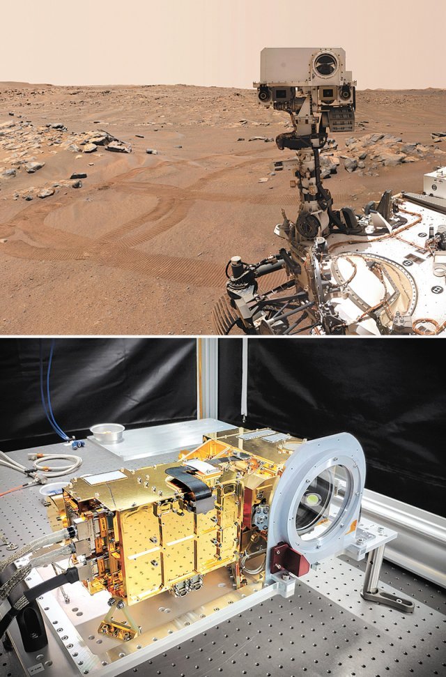 화성 탐사선 퍼시비어런스가 지난해 화성 표면에서 포착한 소리를 분석한 결과 화성의 음속이 지구의 
3분의 2 수준으로 느리고 고음과 저음의 전달 속도가 다른 것으로 드러났다. 화성 탐사선 퍼서비어런스에 탑재된 슈퍼캠(아래쪽 
사진)은 유기물을 찾기 위해 마이크, 카메라, 레이저, 분광계 등을 장착하고 있다. NASA 제공