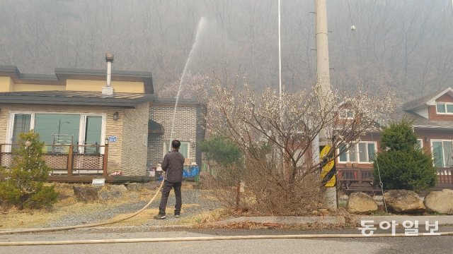 강원 양구 산불 이틀째인 11일 오전 양구군 국토정중앙면 청우리 전원마을에서 한 주민이 소화전에 연결된 소방호스로 물을 뿌리고 있다. 양구=이인모 기자 imlee@donga.com