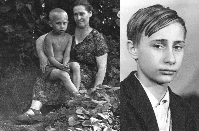 1958년 7월 옛 소련 지역에서 푸틴(6세)과 어머니 마리아. 오른쪽 사진은 청소년기 푸틴.