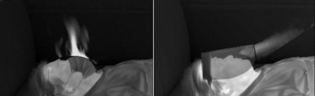특수 적외선 카메라로 비말 마스크(왼쪽)와 쉴드 마스크 착용 시 호흡 상태를 촬영한 모습. 아주대병원 제공