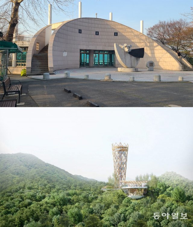 현재의 대전 보문산 전망대(위쪽 사진)와 대전시가 그 자리에 새로 지으려는 목조전망대 조감도. 이기진 기자 doyoce@donga.com·대전시 제공