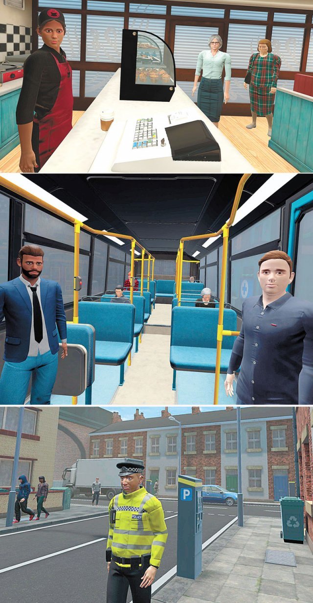 연구진이 개발한 VR 시스템 ‘게임체인지’ 화면. 커피를 요청하거나 버스에 탑승하는 등 다양한 시나리오를 통해 다양한 작업을 현실처럼 하도록 설계됐다. 옥스퍼드대 제공