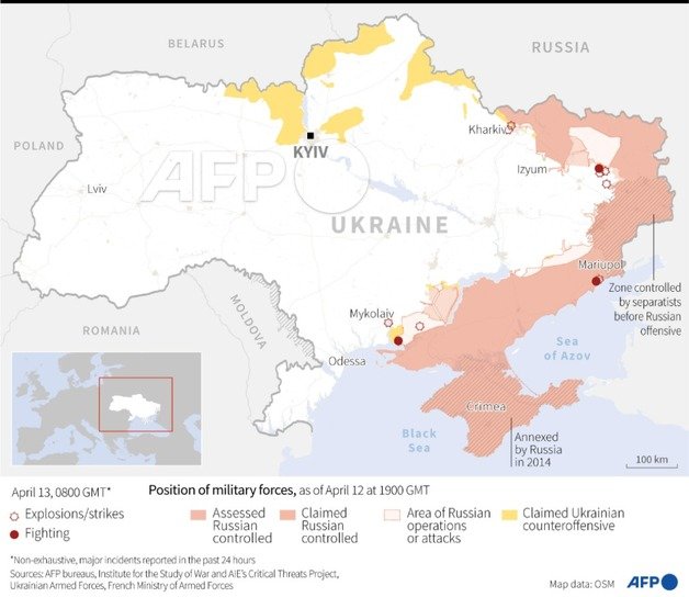12일(현지시간) 러시아군, 우크라이나 내 장악 지역. 노란색 부분은 우크라이나군이 되찾은 지역이다. © AFP=뉴스1
