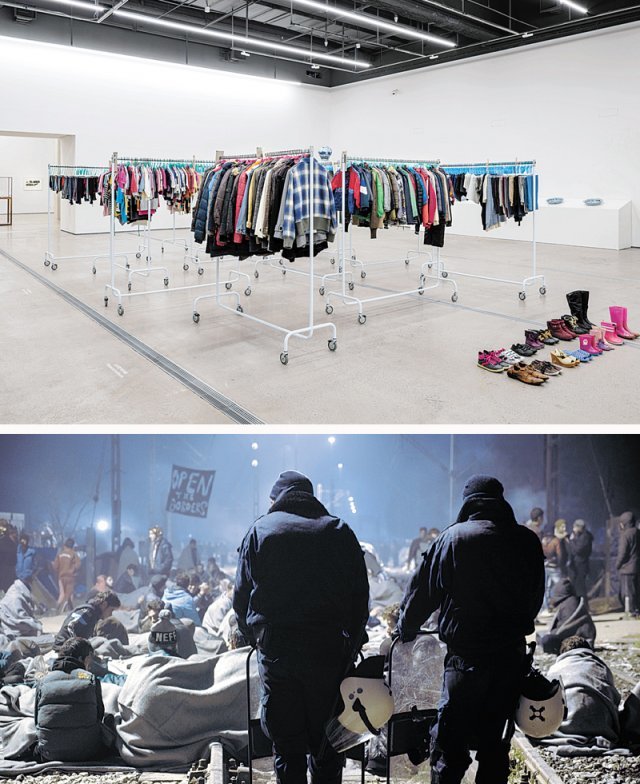 난민의 옷과 신발을 소재로 만든 ‘빨래방’(2016년·위 사진)과 난민들의 모습을 담은 영화 ‘남겨진 사람들’(2019년)의 한 장면. ⓒAi Weiwei Studio 국립현대미술관 제공