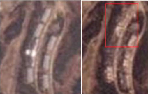 북한 금강산에 있는 남측 시설인 아난티 골프장 리조트 단지를 위성 촬영한 사진. 9일(왼쪽 사진)까진 전반적으로 온전한 모습이다. 11일 사진에선 북쪽 2개 동(붉은 사각형 안)이 철거돼 사라졌다. VOA 홈페이지