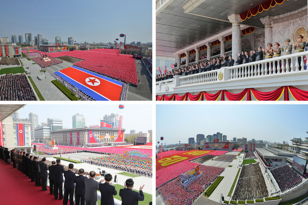 지난 15일 북한의 태양절(김일성 주석 생일)을 맞아 평양 김일성광장에서 중앙보고대회 및 군중시위가 열렸다. (평양 노동신문=뉴스1)