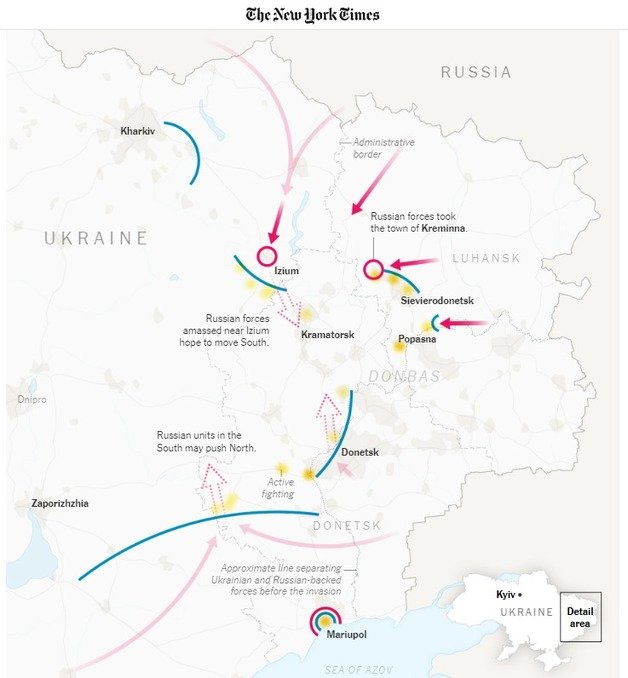 뉴욕타임스(NYT)가 시각화한 우크라이나 동부 주요 전선. NYT 온라인 보도화면 갈무리.