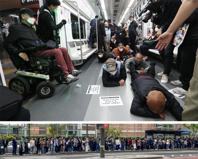 출근길 지하철 운행 지연에… 버스정류장 몰린 시민들 전국장애인차별철폐연대(전장연) 회원들이 21일 오전 서울 지하철 
2호선 시청역에서 열차 바닥을 기며 시위를 벌이고 있다(위 사진). 이들의 시위로 2, 3호선 열차 운행이 35∼72분씩 
지연되면서 출근길 시민들이 불편을 겪었다. 아래 사진은 지하철 타기를 포기한 시민들이 버스 정류장으로 몰려 3호선 녹번역 인근 
버스정류장에 길게 줄이 늘어선 모습. 김재명 기자 base@donga.com·뉴시스