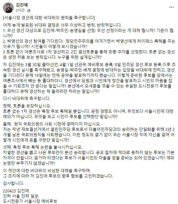 김진애 전 의원 페이스북 캡처