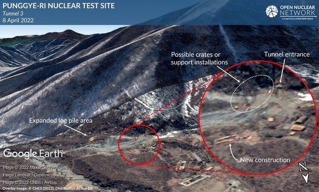 지난 8일 북한 함경북도 길주군 풍계리 핵실험장 3번 갱도 입구 주변 위성 사진 분석. 이전에 없었던 새 구조물이 설치된 모습이 보인다. (ONN)