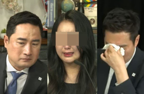 유튜브 채널 방송 가로세로연구소에 출연한 정유라(가운데)와 진행자 강용석 변호사(왼쪽)와 김세의 대표. 뉴스1/유튜브 갈무리