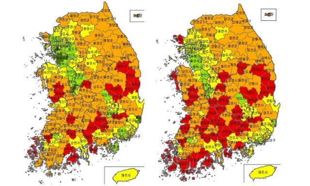 전국 시군구의 2020년(왼쪽)과 2022년 소멸위험지수 변화. 초록색은 정상지역, 노란색은 소멸주의, 주황색은 소멸위험 진입, 빨간색은 소멸 고위험을 뜻한다. 소멸위험 진입 및 소멸 고위험 지역이 ‘소멸위험지역’으로 분류된다. 한국고용정보원 제공