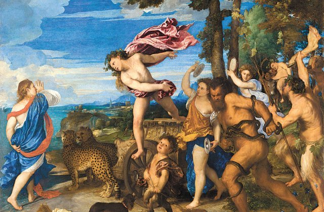 16세기 이탈리아 화가 티치아노가 그린 ‘바쿠스와 아드리아네’. 당시 베네치아에서 가장 비싼 안료인 ‘쪽빛 울트라마린’으로 하늘을 칠했다. 울트라마린은 다른 일반 안료에 비해 100배 가까이 비쌌다. 윌북 제공