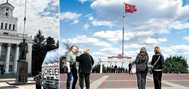 러시아군이 점령한 우크라이나 남부 헤르손주 노바카호우카에 러시아혁명을 일으킨 블라디미르 레닌 동상이 
세워지고 있다. 우크라이나 매체 키이우인디펜던트는 “2014년 철거된 것과 같은 동상”이라고 전했다(왼쪽 사진). 1일 남부 
자포리자주 멜리토폴 중앙광장에 옛 소련 국기를 바탕으로 만든 ‘러시아군 승전 깃발’이 나부끼고 있다. 사진 출처 미하일로 페도로우
 우크라이나 부총리 트위터·멜리토폴=AP 뉴시스