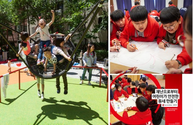세이브더칠드런이 2018년 ‘놀이터를 지켜라’ 사업으로 개선한 서울 도봉구 개나리어린이공원(왼쪽 사진). 어린이들의 의견을
 반영해 낙후된 기존 동네 놀이터를 재탄생시켰다. 오른쪽은 세이브더칠드런이 2015년부터 진행하고 있는 ‘어린이 옹호 활동가 
캠프’에 참여한 어린이들(위 사진)과 2019년 이 캠프에 참여한 강원 속초시 영랑초 학생들이 속초시의원에게 전달한 제안서. 
세이브더칠드런 제공