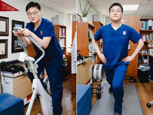 정철웅 교수는 연구실에 실내 자전거 등 장비를 비치해 오후 6~7시 사이에 맞춰 운동한다. 고려대 안암병원 제공