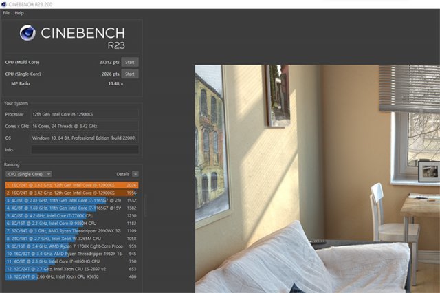 Cinebench R23 테스트 결과, 단일 코어 2천26점, 다중 코어 2만7312점으로 확인됐다. 출처=IT동아