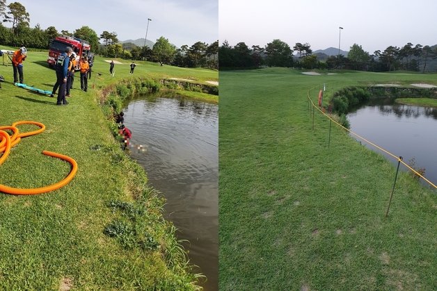 왼쪽 사진은 27일 오전 8시51분쯤 전남 순천의 한 골프장에서 50대 여성이 연못에 빠져 구조당국이 수습하고 있다.(순천소방서 제공.) 오른쪽 사진은 사고 이후 모습.2022.4.28/뉴스1