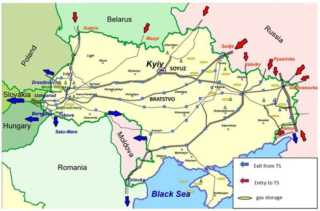 유럽으로 향하는 러시아 천연가스 운송로의 가장 중요한 경유지는 우크라이나다. 사진은 우크라이나에서 운영 중인 러시아 천연가스 경유 파이프라인들. 라이브유맵(Liveuamap) 트위터 게시물 갈무리. © News1
