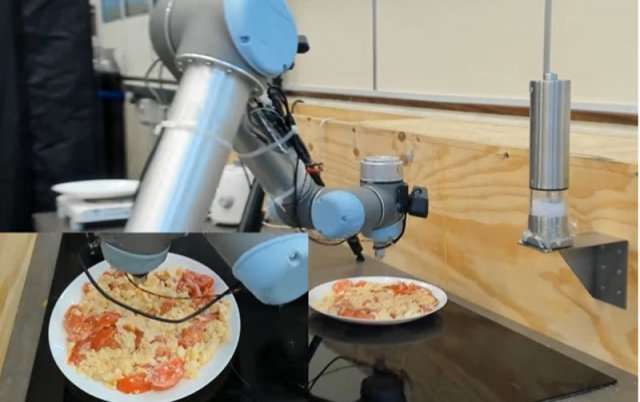 영국 케임브리지대 연구진이 개발한 요리 로봇이 스크램블에그와 토마토를 섞으며 최적의 맛 조합을 찾아내고 있다. 인간이 음식을 씹는 과정에서 느끼는 맛을 최대한 모방하는 로봇이다.  케임브리지대 제공