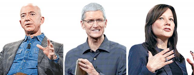 왼쪽부터 제프 베이조스 아마존 창업자, 팀 쿡 애플 최고경영자(CEO), 메리 배라 제너럴모터스(GM) 회장.
