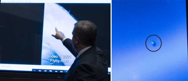 17일(현지 시간) 미국 워싱턴 의회에서 반세기 만에 열린 ‘UFO’ 청문회에서 스콧 브레이 해군 정보국 부국장이 UFO로 추정되는 미확인 물체를 손으로 가리키고 있다(왼쪽 사진). 원 안은 이 물체를 확대한 모습. 워싱턴=AP 뉴시스