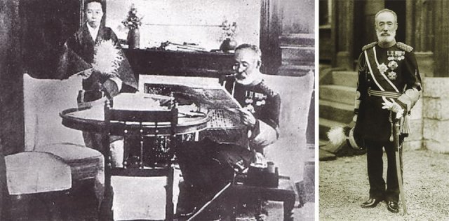 노기 마레스케 장군 부부가 자살한 당일 아침 자택 거실에서 함께 찍은 사진(왼쪽 사진). 노기 장군의 할복 이후 그를 신격화하는 광풍이 불었고, 이는 30년 뒤 일본 젊은이들을 죽음으로 내몬 가미카제에 영향을 끼쳤다. 사진 출처 위키피디아