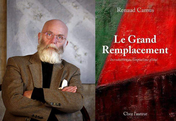 프랑스 극우 민족주의 철학자 르노 카뮈(왼쪽)과 그의 2012년作 ‘대전환(Le Grand Remplacement).’ 르노 카뮈 페이스북 캡처