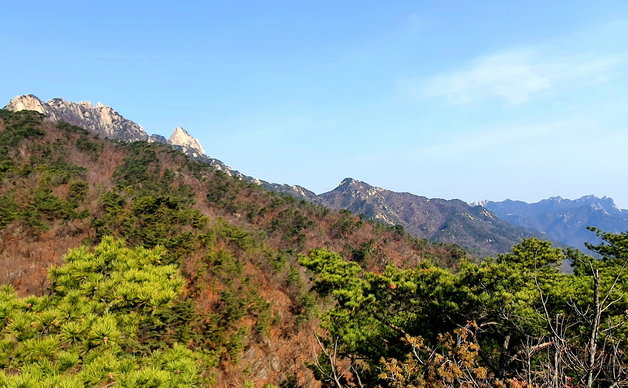 진달래능선에서 바라보는 북한산 척추. 왼쪽 용암봉-만경대-인수봉, 가운데 영봉, 오른쪽 도봉산 © 뉴스1