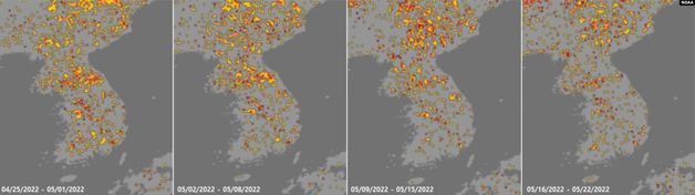 4월~5월 북한 가뭄지수를 보여주는 미 국립해양대기청(NOAA) 자료. ‘심각’을 나타내는 검붉은색 점이 곳곳에서 나타났다. (VOA)© 뉴스1