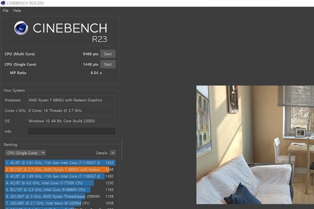 시네벤치 R23 결과, 단일 코어 1448점, 다중 코어 9466점으로 확인된다. 출처=IT동아