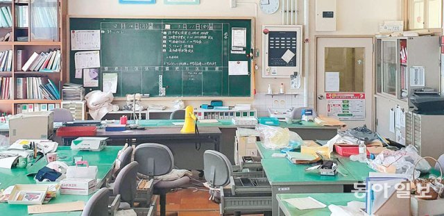 2011년 3월 동일본 대지진과 후쿠시마 제1원자력발전소 폭발 사고 여파로 원전에서 3km가량 떨어진
 후타바미나미 초등학교에선 재학생과 교직원이 모두 피난을 떠났다. 당시 급하게 대피하느라 책상 서랍이 열린 상태로 어질러진 
교무실은 11년이 지난 지금까지 그때 그 모습으로 남아 있다. 칠판의 일정란에는 사고 당일이었던 3월 11일엔 글씨가 빼곡하지만 
왼쪽 3월 14일에는 ‘특별히 없음’이라고만 쓰여 있다. 후타바=이상훈 특파원 sanghun@donga.com
