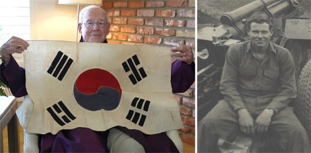 6·25전쟁 참전용사 짐 랜츠 씨가 1951년 봄 한 한국 해병대원에게 선물 받은 태극기를 들어 보이고 있다. 오른쪽 사진은 6·25전쟁 당시 미국 해병대원으로 참전했던 랜츠 씨의 모습. 국가보훈처 제공