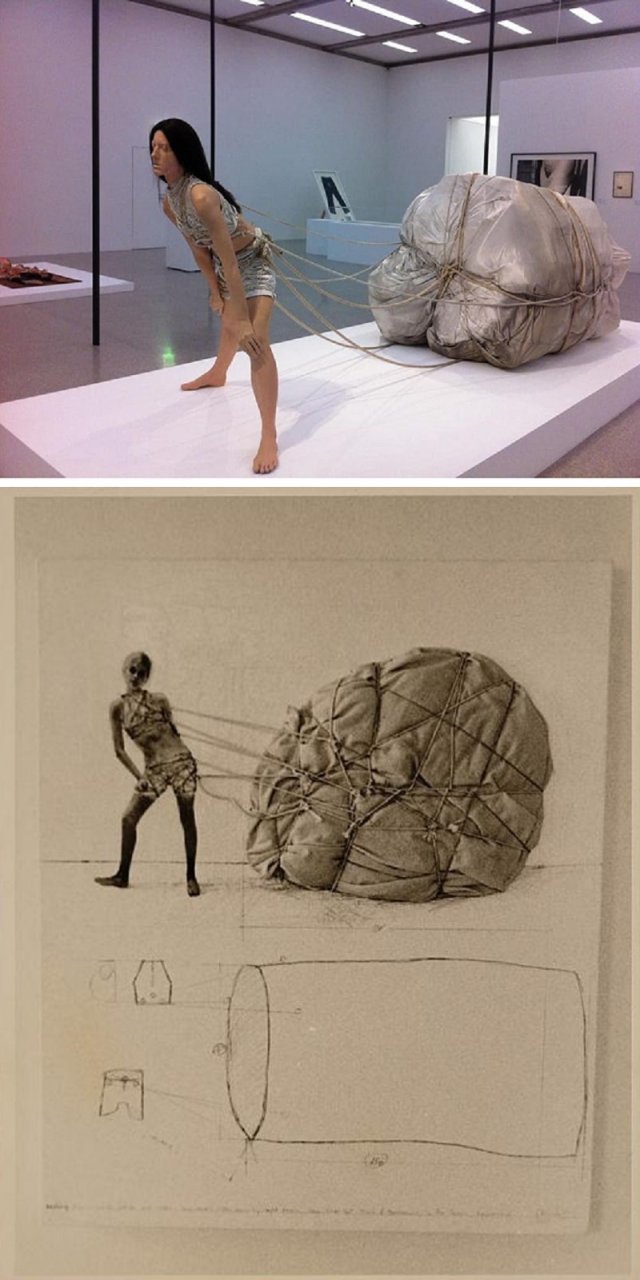 오스트리아 빈의 현대미술관(MUMOK)에 2012년 전시된 ‘웨딩드레스’의 조각 작품(위 사진). 아래 사진은 크리스토가 디자인 노트에 그린 ‘웨딩드레스’ 작품의 초안. 김진희 씨 제공, 스미소니언 박물관 홈페이지
