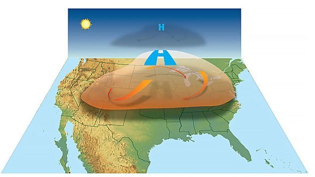 전문가들은 폭염의 주범으로 열돔(Heat Dome) 현상과 20년에 걸친 대가뭄을 꼽았다. 열돔 현상은 대기권 중상층에 발달한 고기압이 정체하면서 반구형(돔) 형태로 뜨거운 공기를 지면에 가두는 것을 일컫는다. 미국 해양대기청 캡처