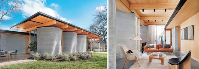 미국 건설기술회사 아이콘이 3D 프린터로 설계하고 건축한 미국 텍사스주 오스틴의 ‘하우스 제로’의 외부(왼쪽 사진)와 내부. 방 3개의 이 주택은 에너지 효율을 높인 시멘트 기반 재료를 사용해 지었다. 사진 출처 아이콘