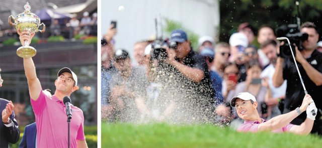 로리 매킬로이가 13일 캐나다 온타리오주 토론토 세인트조지 골프 앤드 컨트리클럽(파70)에서 열린 미국프로골프(PGA)투어 RBC
 캐나디안 오픈에서 우승한 뒤 트로피를 들고 기뻐하고 있다(왼쪽 사진). 16번홀(파3)에서 공이 벙커에 빠지자 탈출하기 위해 
샷을 하고 있는 매킬로이. 이 홀에서 보기를 기록한 매킬로이는 저스틴 토머스(미국)에게 공동 선두를 허용했지만 17번, 18번홀 
연속 버디로 투어 첫 타이틀 방어에 성공했다. 토론토=AP 뉴시스