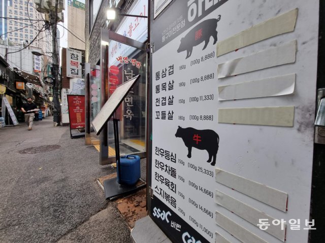 너무 올라서…가격표 아예 가린 음식점 지난달 소비자물가가 5% 넘게 오른 가운데 13일 서울 중구의 한 고깃집 메뉴의 가격표가 가려져 있다. 하반기에도 공공요금이 인상되는 등 물가가 계속 상승할 것이란 전망이 나온다. 김재명 기자 base@donga.com