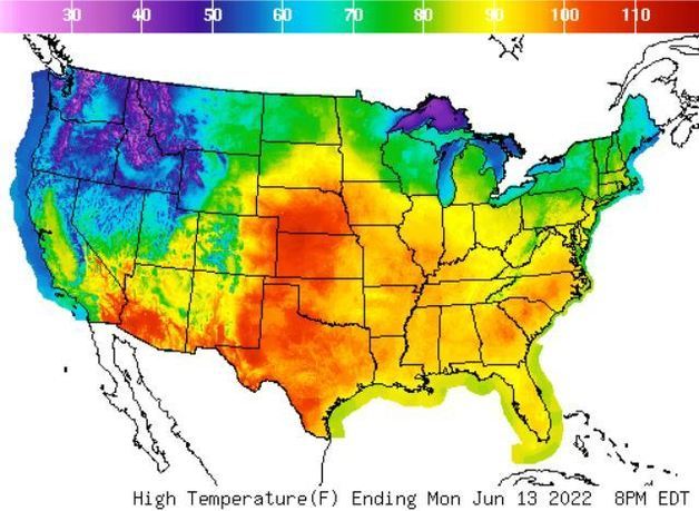 13일(현지시간) 미국 전역의 최고 기온 분포도. 미국 국립기상국 캡처.