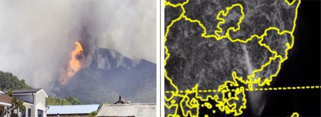 지난달 31일 발생한 경남 밀양 산불의 연기가 북풍을 타고 남쪽인 부산 지역까지 도달하는 모습이 위성사진을 통해 확인됐다. 왼쪽 사진은 산불 당시 연기가 하늘 위로 치솟는 모습. 전병일 교수 제공