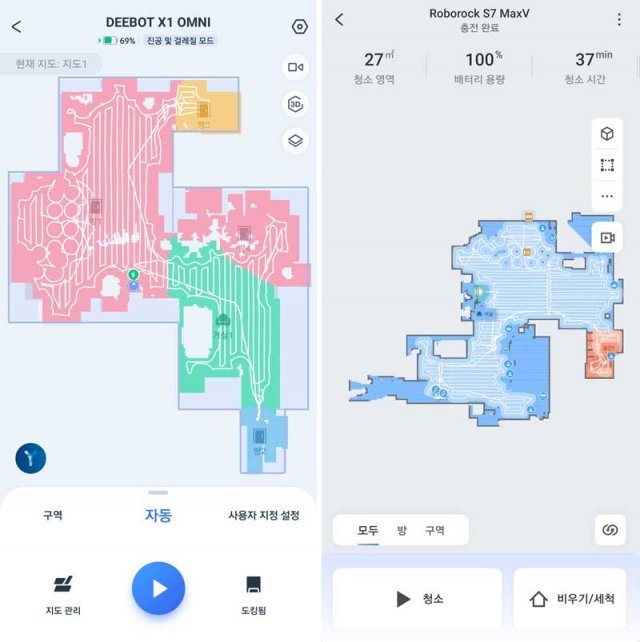 모바일 앱에서 확인한 에코백스(왼쪽)과 로보락(오른쪽)의 매핑 능력 및 청소 경로 (출처=IT동아)